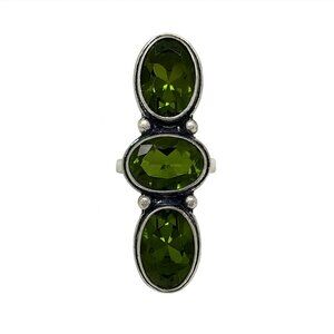 Genuine 3-Stone Peridot 925 Silver Ring - Size 7